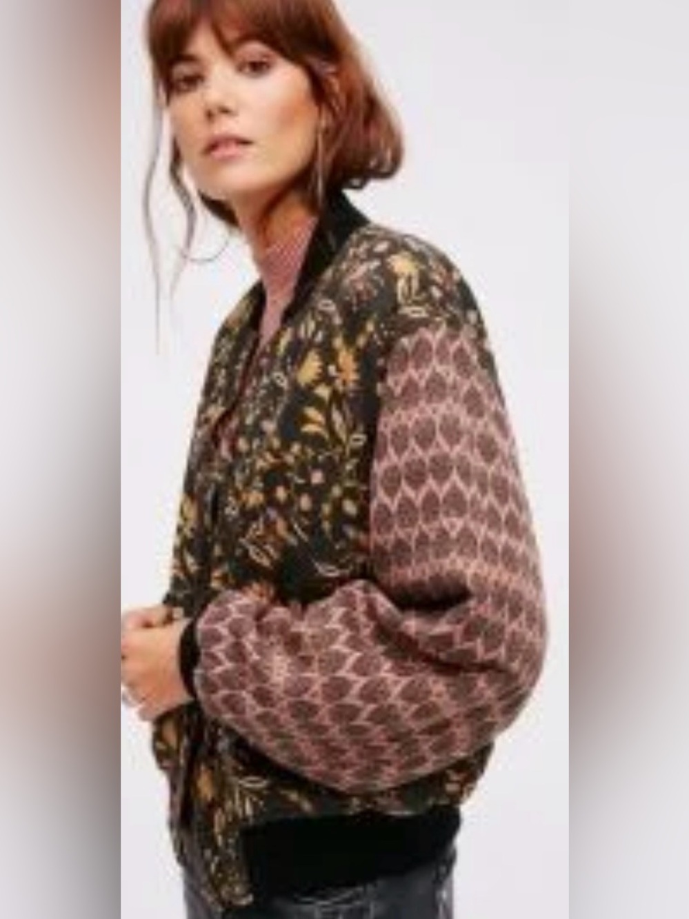 Free People Mixed Print Bomber Jacket in Black, Mauve, Gold